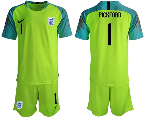 England #1 Pickford Shiny Green Goalkeeper Soccer Country Jersey